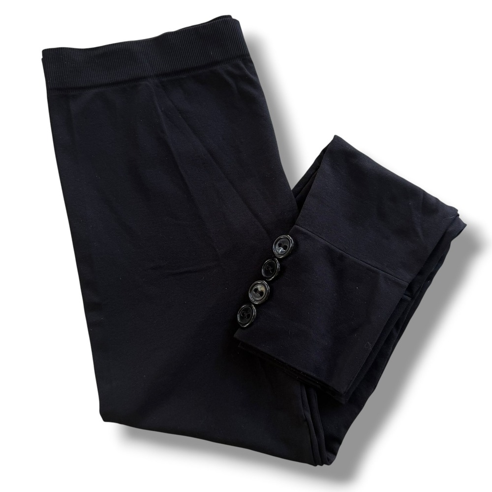 Black High Waisted Button Cuff Ankle Leggings Seamless Ribbed Waistband Slim Fit